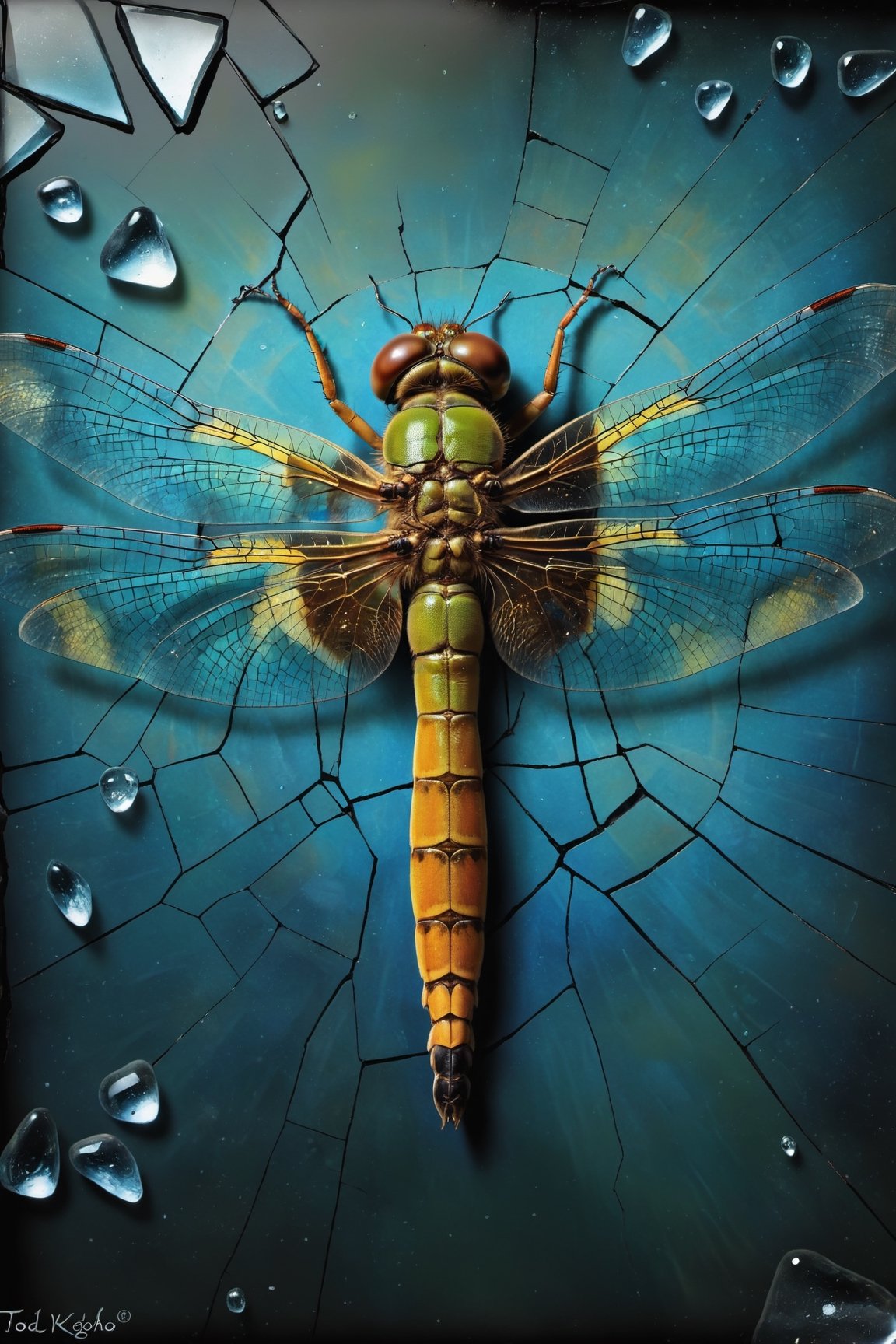 Dragonfly, close up, hyperreal, cracked background, broken glass effect, Andy Kehoe, Todd Lockwood, Van Gogh, Klimt.