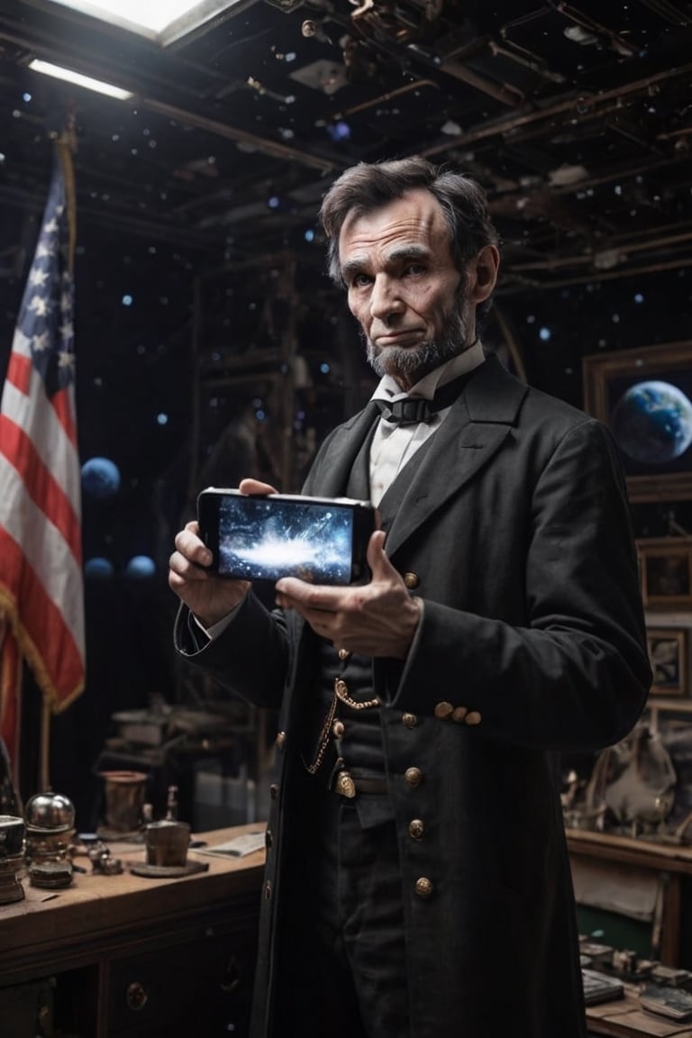 RAW photo,
Abraham Lincoln using an iPhone in space.

absurdres, masterpiece, award-winning photography, Volumetric lighting, extremely detailed, highest quality photo, RAW photo, 16k resolution, Fujifilm XT3, sharp focus, realistic texture