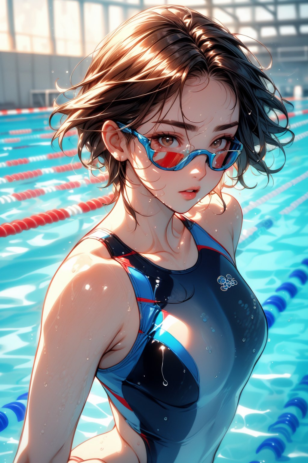 masterpiece, dynamic swimming pose, best quality, ultra-detailed, perfect anatomy, High detailed, detailed background, beautiful face, a girl, athletic build, extremely pretty face, ultra-detailed face, oval face, determined expression, short hair, wet hair slicked back, brunette hair, ultra-detailed eyes, tareme, brown eyes, simple eyelid, beautiful eyebrow, (eyelashes:0.4), parted_lips, focused gaze, (((olympic swimming pool))), lane lines visible, starting blocks in background, intense action shot, mid-stroke pose, arms extended forward, competitive swimsuit, sleek one-piece swimsuit, goggles on face, bright indoor lighting, water droplets on skin, dynamic angle, three quarter view, perfect anatomy, 5_fingers, beautiful_female_fingers, streamlined hand position, motion blur, action lines, water splashes, tanned skin, muscular shoulders and arms, score_9, score_8_up, score_7_up,