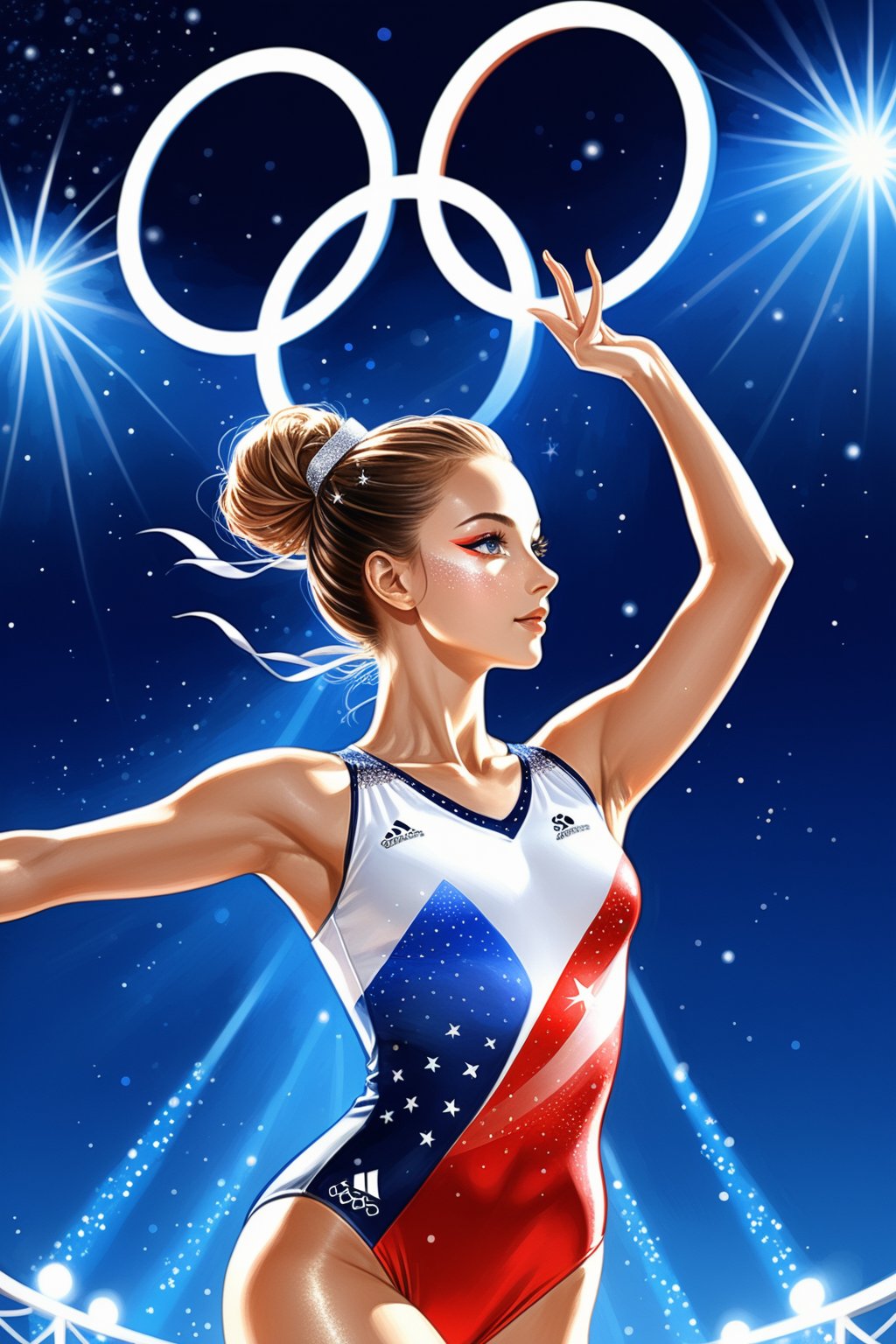 flat vector art, perfect complexion eyes, A girl, Olympic rhythmic gymnast, rhythmic gymnastics uniform, looking at viewer, France 2024 Olympics, digital art, professional style, detailed image, detailed skin, blush, realistic eyes, ((masterpiece quality: 2)), light particles, attractive image.