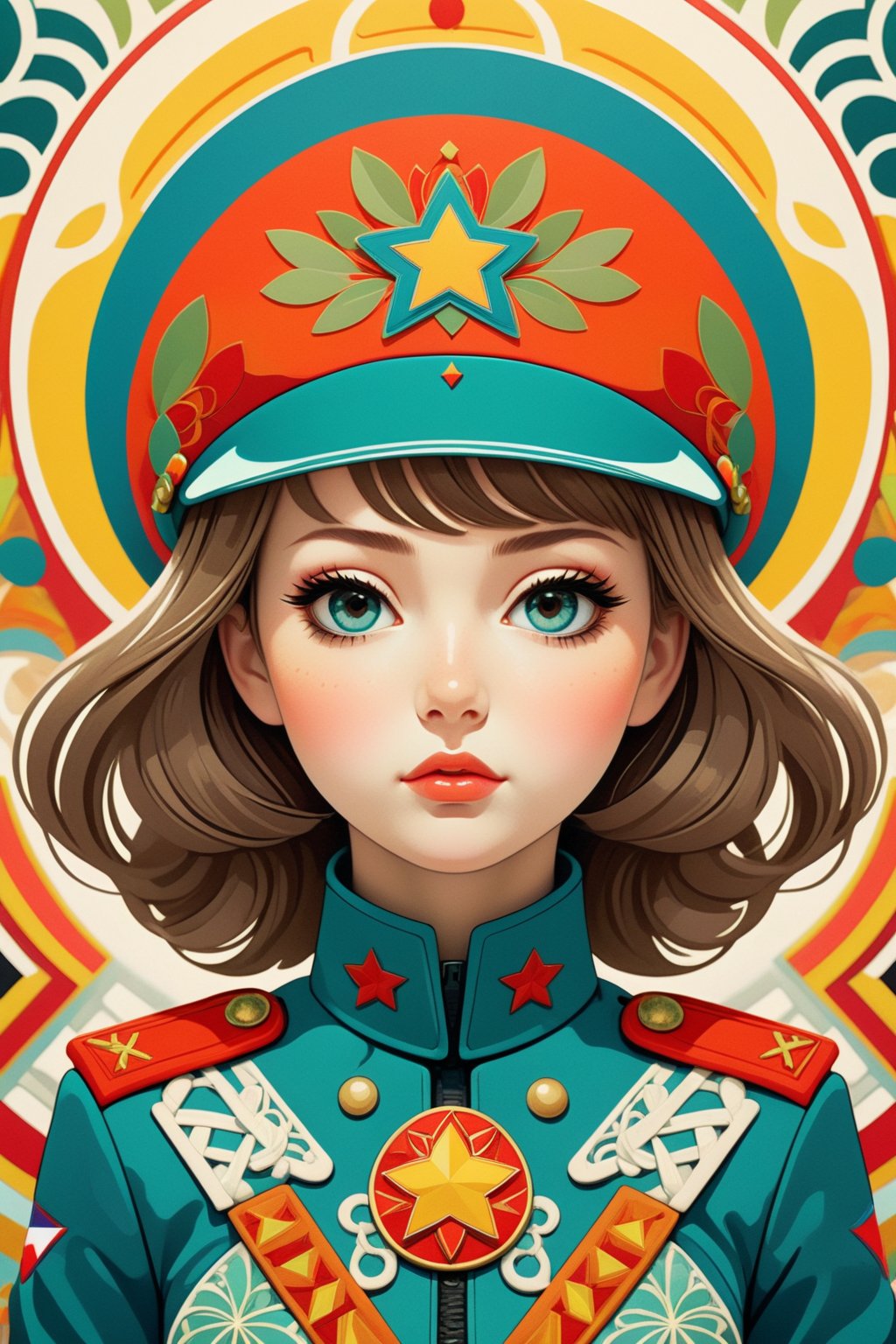 masterpiece, long shot fusion realism, abstract style and psychodelic. Mate colorful palette, wallpaper, Intricate geometry ornament in zentangle style. cute Stunning russian girl, soviet military uniform, beautiful facial features, augmentation focus, high aesthetic, truly artwork, detailed abstract background, art nouveau,more detail XL