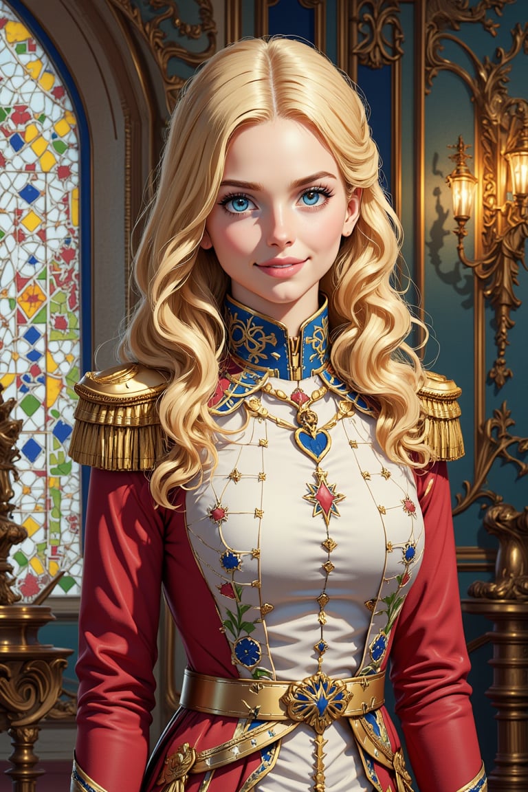  masterpiece, best quality, ultra detailed, intricate details, cute, 1girl, French Napoleonic soldier costume, fine art parody, blue eyes, blonde hair, oil painting style, masterpiece quality, looking at viewer, smiling, upper body, palace's garden in background, close up, stunning image, light particles.