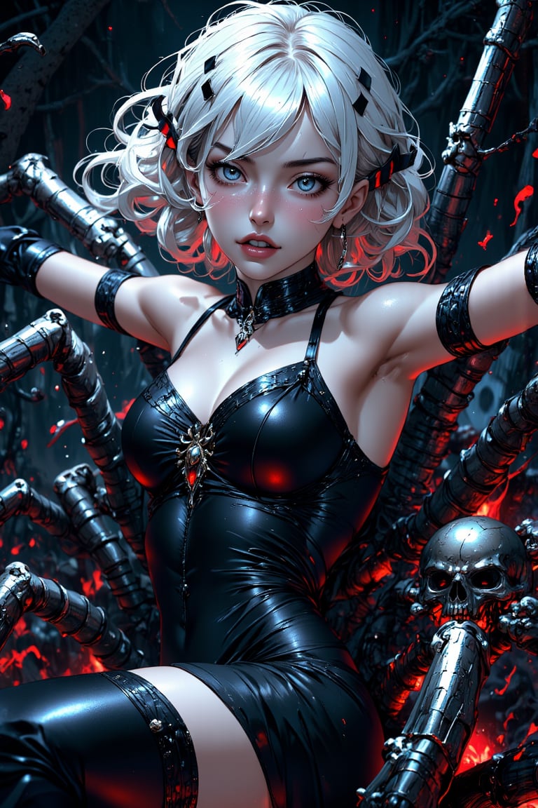 masterpiece, best quality, ultra detailed, intricate details, cute, black dress, dynamic pose, white hair, 1girl,spider girl,arachnid features,web hair,glowing red eyes,(multiple eyes:1.1),colored sclera,sharp fangs,pale skin,black chitinous skin,dark chitinous exoskeleton,humanoid body,(spider legs:1.1),curvy ,compound eyes,crossed legs,web spinnerets,eerie atmosphere,Catacomb,skulls,cave,concept art,anime style