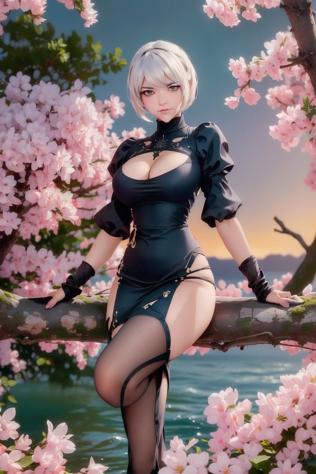 Yorha No. 2 Type B sits serenely on the gnarled branch of an ancient tree, her slender legs dangling in mid-air as she gazes out at a fantastical landscape. Her detailed body, adorned with intricate machinery and scars, is bathed in warm golden light, while her full-body armor glows with a soft blue hue. Her hands, delicate and mechanical, rest gently on the branch as her piercing green eyes seem to hold the secrets of the world. The background, a swirling vortex of purple and orange hues, pulses with an otherworldly energy, set against a deep blackness that seems to have been pulled into the ultra HD frame.