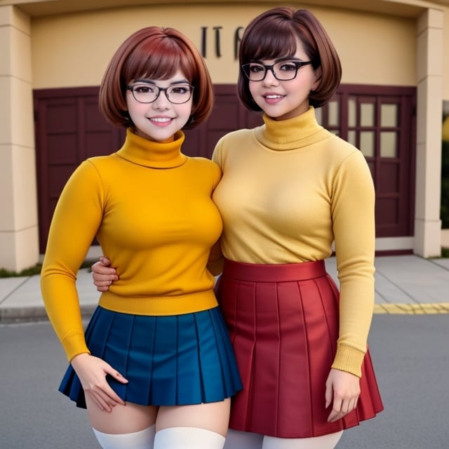 photo, real, nerdy ,velma dinkley, cartoon cosplay, (wine pleaded skirt), (mustard yellow turtle_neck sweather)