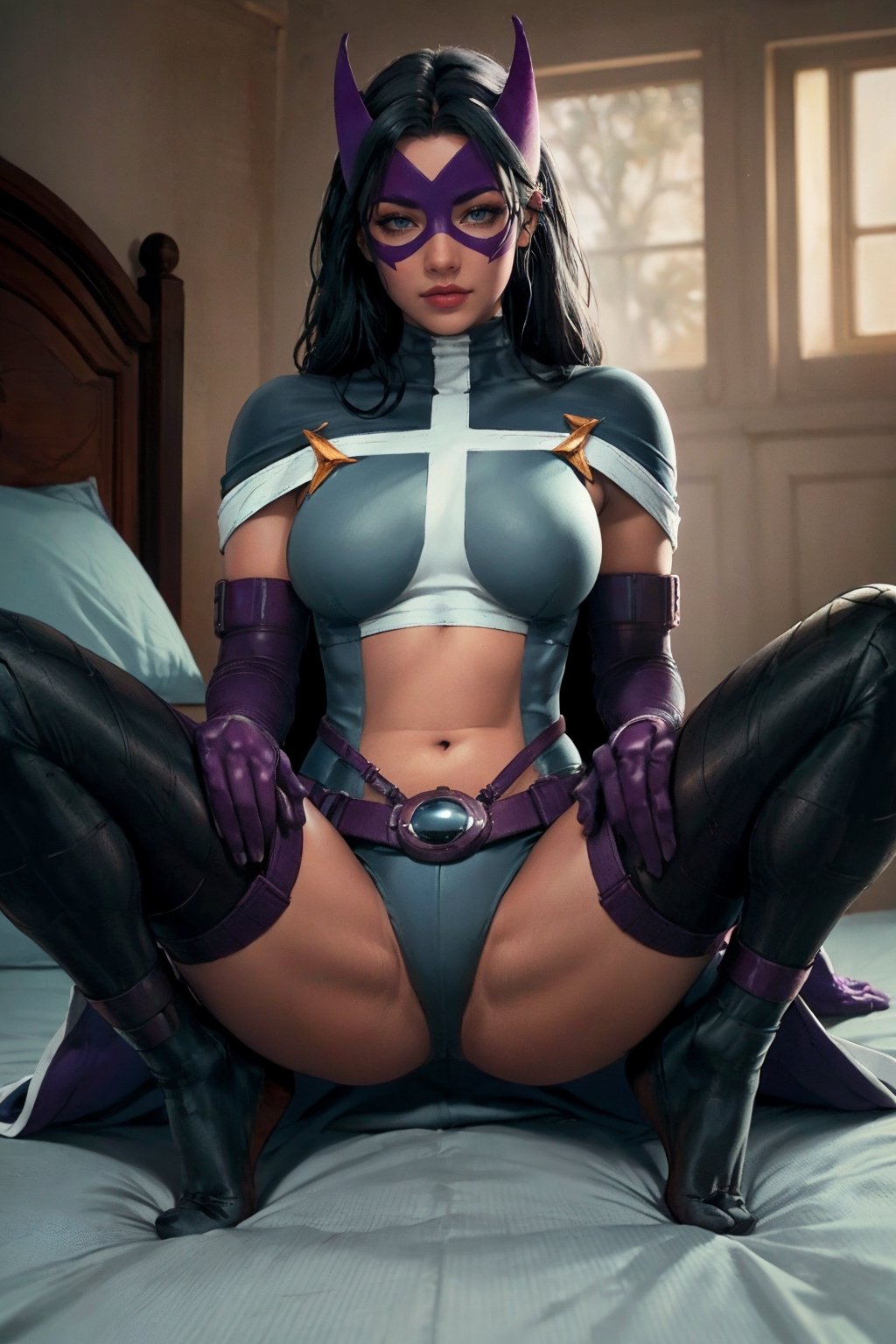 in the bedroom, (blurred out background),  1 person, looking at viewer, solo, sexy, BREAK, CARTOON_DC_huntress_ownwaifu, www.ownwaifu.com, (long neat hair:1.1), breasts, dark hair, makeup,(large prominent protruding well shaped bulging dark azure blue breasts: 1.5),  lipstick, lips, large blue eyes, red lips, thighhighs, dark azure blue cape, minuscule well defined mask, navel, (long continuous fully covered elbow length purple gloves:1.48), superhero with beautiful face, midriff, purple belt, leotard, long purple gloves, purple utility belt, (dark purple pouch:1), (dark purple belt pouch:1), minuscule well defined domino mask, dark azure blue thighhighs, dark azure blue leotard, purple thighhighs, slim small thighs, petite thighs, (azure dark blue minuscule short shorts:1.3), dark azure blue tight clothing cutout, dark azure blue tight bodysuit, dark azure blue tight impossible clothes, (long dark azure blue cape:1.48), large dark azure blue cape, dark azure blue tight navel cutout , (extremely detailed fine touch:1.2), masterpiece:1.3, (best quality:1.3), high quality , official art, 8K, highres:1.3, (absurdres:1.3), Masterpiece, (hair covering ears:1.3), (ears hidden under hair:1.3),(OverallDetail:1.1),  HairDetail, fHandDetail, smiling, (spreading legs wide before sex:1.8),  (only 2 hands:1.3), (only 2 legs:1.3), realistic:1.48, no ear