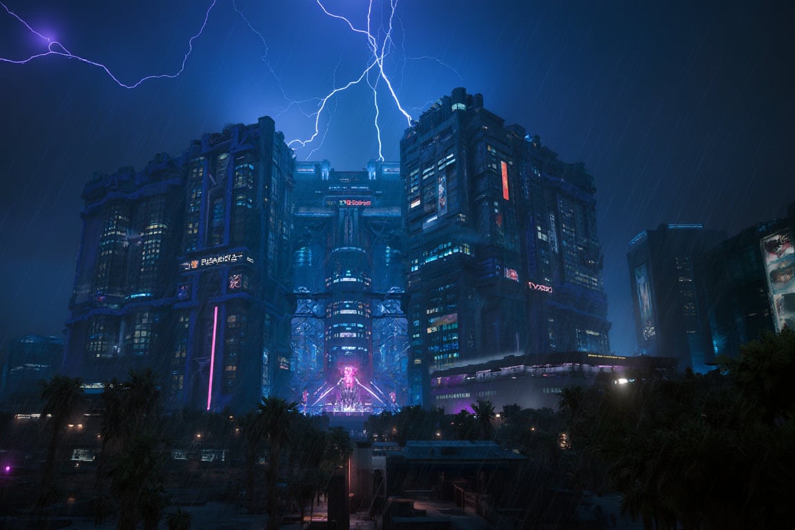 cyberpunk, vibrant, shadowrun, elven architecture, cyberpunk aesthetic, modern-fantasy city, apartment buildings, city life, rainstorm, lightning, 