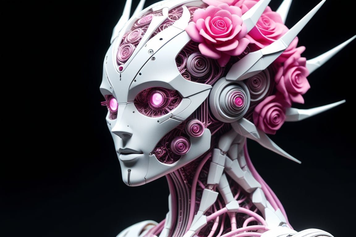 "A highly detailed, documentary-style photograph of a Zenomorph-like android robot with a Voronoi body armature frame and metal wings. The robot's face features ceramic-like textures, inspired by Guillaume Seignac's art style, with intricate watercolor and quilling patterns. The scene captures the robot's flowing white hair with pink streaks, floating gracefully. Surrounding the figure are delicate glass fractal flowers and vines, rendered in a sharp, studio-lit composition. The design incorporates elements of paper cutting, origami, and encaustic art, giving the android a futuristic yet organic appearance. The entire piece has a bold, realistic aesthetic, trending on ArtStation, with a mix of mecha concept art and the elegance of Philipp Plein models."