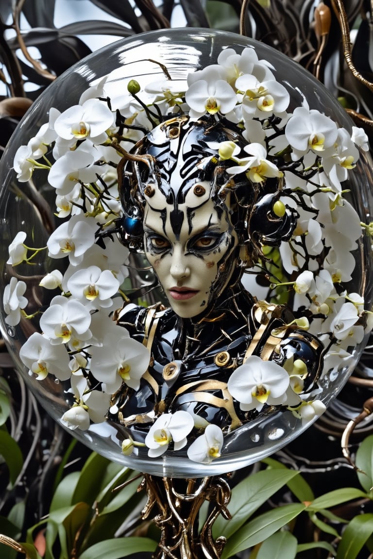 Vogue Cyborg's gaze pierces through the wet, reflective surface of a glass orb, surrounded by lush white and black orchids. A biomechanical alien's intricate machine parts gleam in high-end luxury, set against a macro photo dystopian background of twisted metal and zentangle patterns. Goro Fujita's artistic vision unfurls in this fluid art style masterpiece, where wet forest foliage meets cyber mania. Lillie's in full bloom, as the cybernetic model's sophisticated gaze holds the viewer's attention.