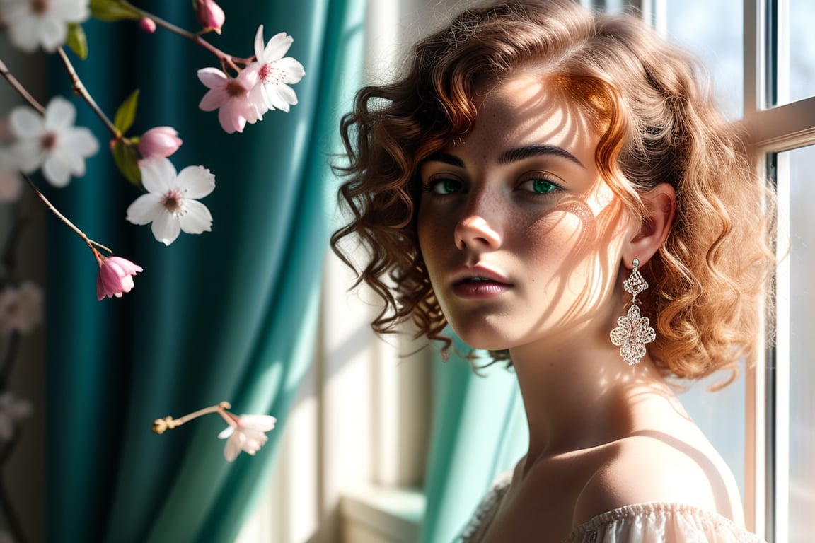 A young woman with curly auburn hair and emerald green eyes sits pensively in a bohemian-inspired setting, clad in a flowing chiffon dress that shimmers with periwinkle blue undertones against her olive skin. F/1.8 aperture captures the delicate details of silver filigree earrings as she gazes introspectively. Soft, natural light filters through lace curtains, illuminating her features with a high-key effect. Inspired by Takashi Murakami's style, the scene is rendered in exquisite detail, with shallow depth of field and tilt-shift softness emphasizing the subject's delicate skin texture. Cherry blossoms (1:1) bloom in the background, adding a touch of whimsy to this serene, indoor portrait.