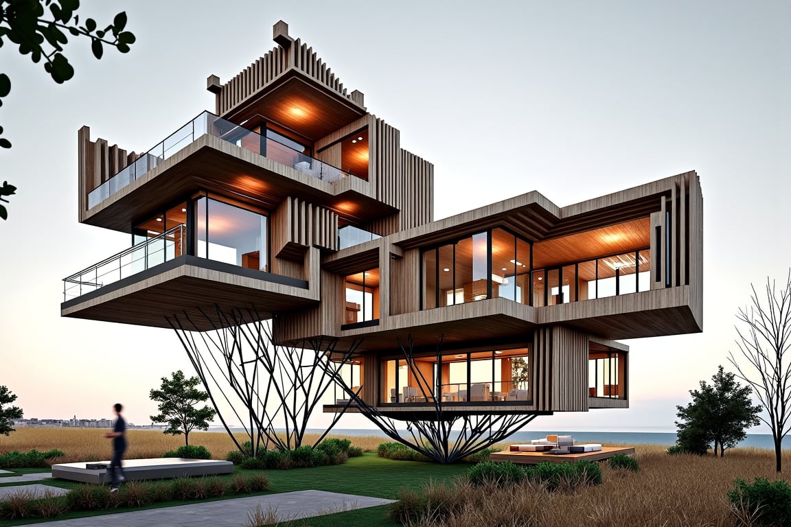 an impressive visualization of an avant-garde house constructed from a series of interconnected floating wood volumes, suspended and supported by slender steel supports. Capture the sense of weightlessness and the play of light and shadow on the metal surfaces. Set your professional camera to aperture priority mode, f/11, ISO 100, and use a telephoto lens for emphasizing the intricate details