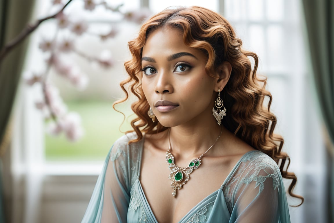 A young woman with curly auburn hair and emerald green eyes sits pensively in a bohemian-inspired setting, clad in a flowing chiffon dress that shimmers with periwinkle blue undertones against her olive skin. F/1.8 aperture captures the delicate details of silver filigree earrings as she gazes introspectively. Soft, natural light filters through lace curtains, illuminating her features with a high-key effect. Inspired by Takashi Murakami's style, the scene is rendered in exquisite detail, with shallow depth of field and tilt-shift softness emphasizing the subject's delicate skin texture. Cherry blossoms (1:1) bloom in the background, adding a touch of whimsy to this serene, indoor portrait.