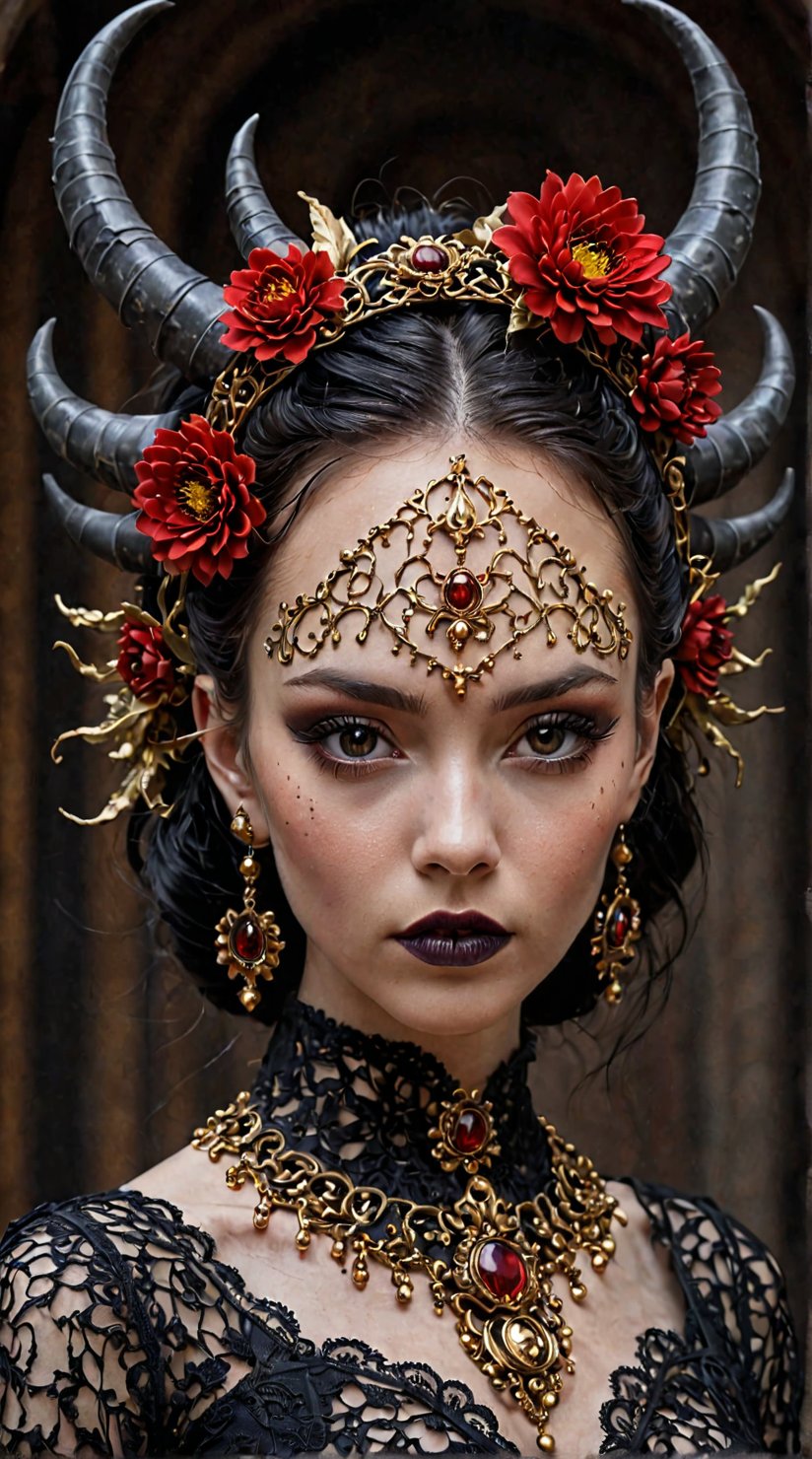 A strikingly close up portrait of a beautiful young woman is adorned with large,  slate grey horns with gold ornements that sweep majestically from her head, contrasting with her flawless, porcelain skin. Her pointy ears add a mystical touch to her appearance, intricate black lace's hair featuring circular floral patterns interwoven with red chrisanthemum. Her face is bold with dark dramatic, black solid powder makeup, black lips, highlighting her sharp features and giving her an intense, enchanting aura. She is wearing dark embroidery Gothic clothes. Black on white smoke layers. The scene is set in a magical, softly lit workshop filled with vibrant fabrics and mystical tools, reflecting her powerful and otherworldly presence. Rust background,anime art of girl/woman