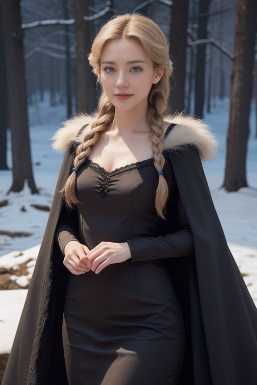 Realistic photography cinematic still,a woman (masterpiece:1.4), (best qualit:1.4), (high resolution:1.4),dark cape, dark dress, elsa of arendelle, fur trim, single_braid, snowflake_pattern, smile, snow, 