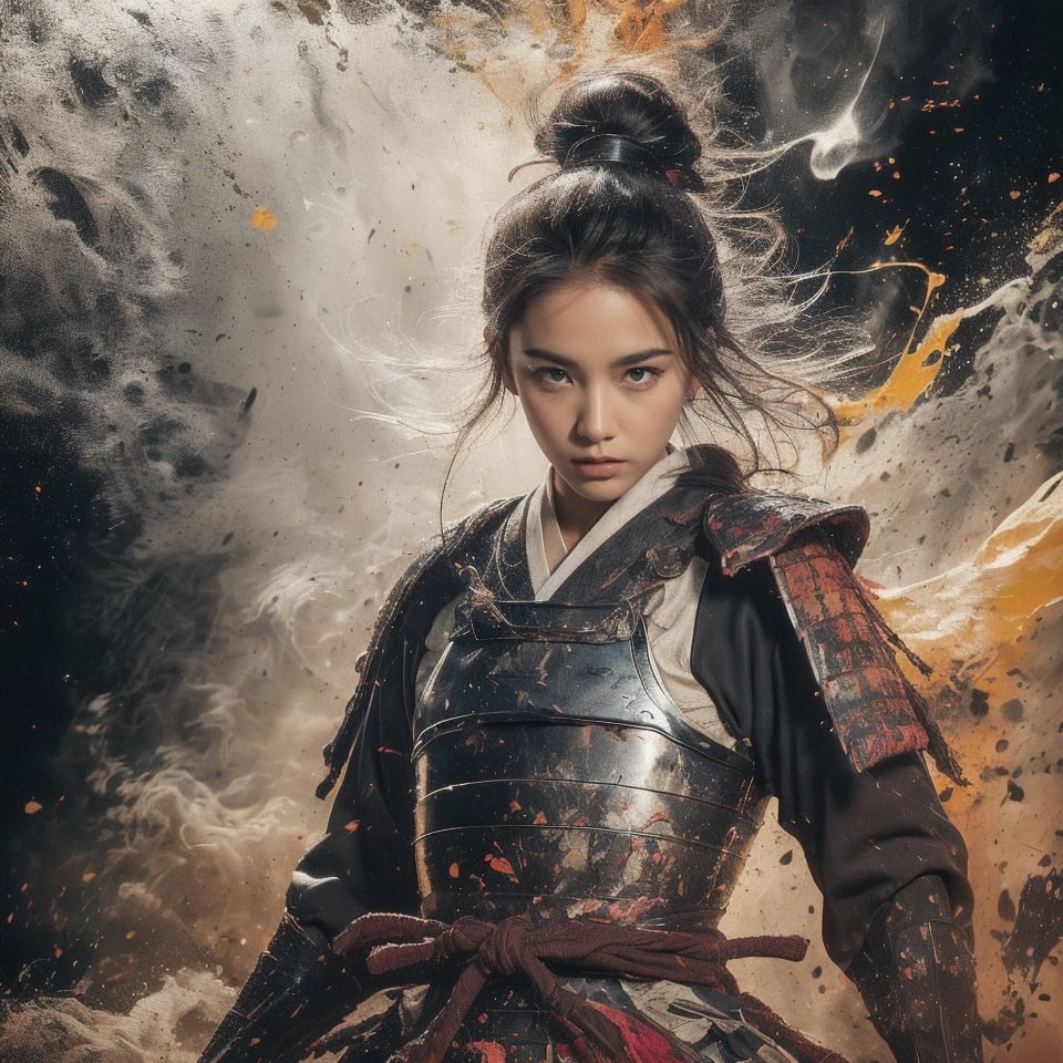 Envision a Thai girl with flowing white hair, thundering:1.3, ((silver colors samurai uniform)), (((the background is abstract with multiple colors splashes all over the background:1.5))) , ((white multiple samurai’s swords )), 