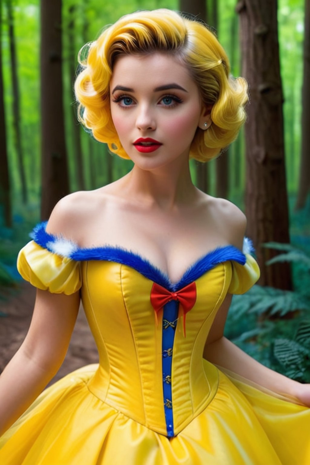 1women , realistic photography, portrait, pinup model, short pixie cut styles,Disney princess snow white, high_res,  detailed eyes, , tight blue corset, , yellow dress, fluffy hair, ,in the forest, ,arch143,neon photography style
