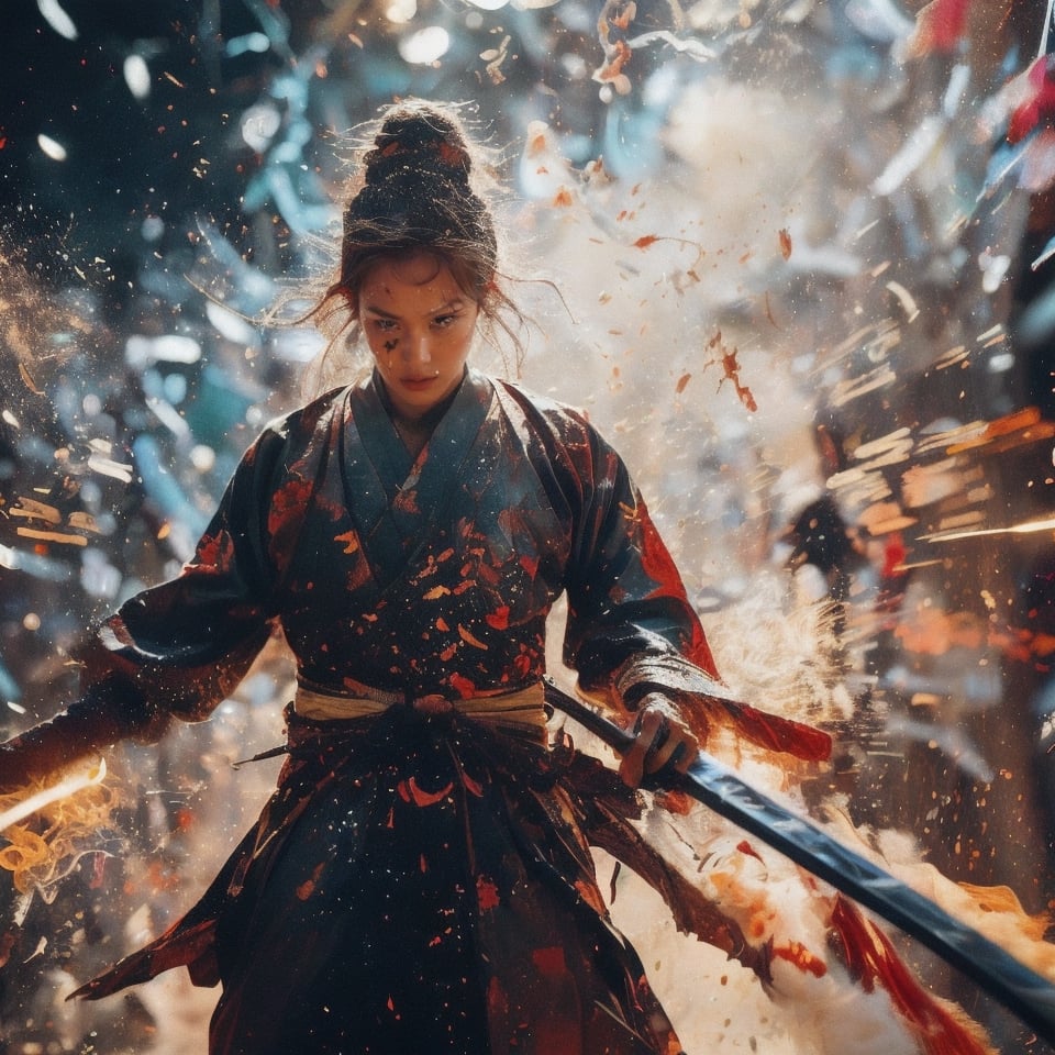 Envision a Thai girl orange hair wear orange sunglasses, tattoo with flowing white hair, thundering:1.3, ((silver colors samurai uniform)), (((the background is abstract with multiple colors splashes all over the background:1.5))) , ((white multiple samurai’s swords )), 