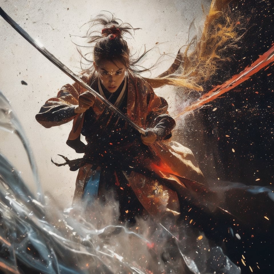 Envision a Thai girl orange hair wear orange sunglasses, tattoo with flowing white hair, thundering:1.3, ((silver colors samurai uniform)), (((the background is abstract with multiple colors splashes all over the background:1.5))) , ((white multiple samurai’s swords )), 