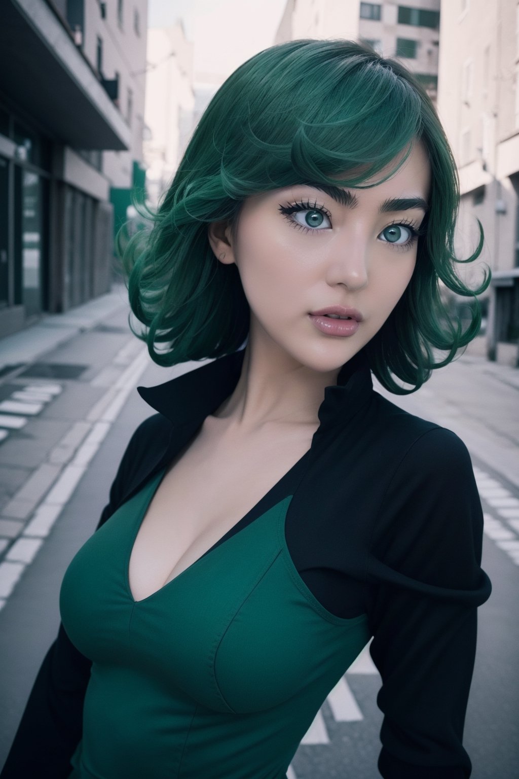 Realistic photography cinematic still absurdres, highres, ultra detailed, , tatsumaki, curly hair, green hair, black dress, long sleeves, upper body, loooking at viewer, city perfect body ,tatsumaki