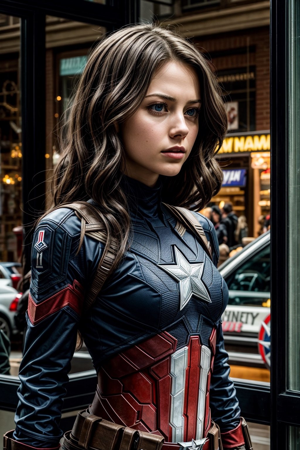 (masterpiece), (cinematic, city lights:1.2), city, overcast, 1girl, black hair, medium hair, wavy hair, Looking at the viewers,More Detail, Captain America,Melissa Benoist,