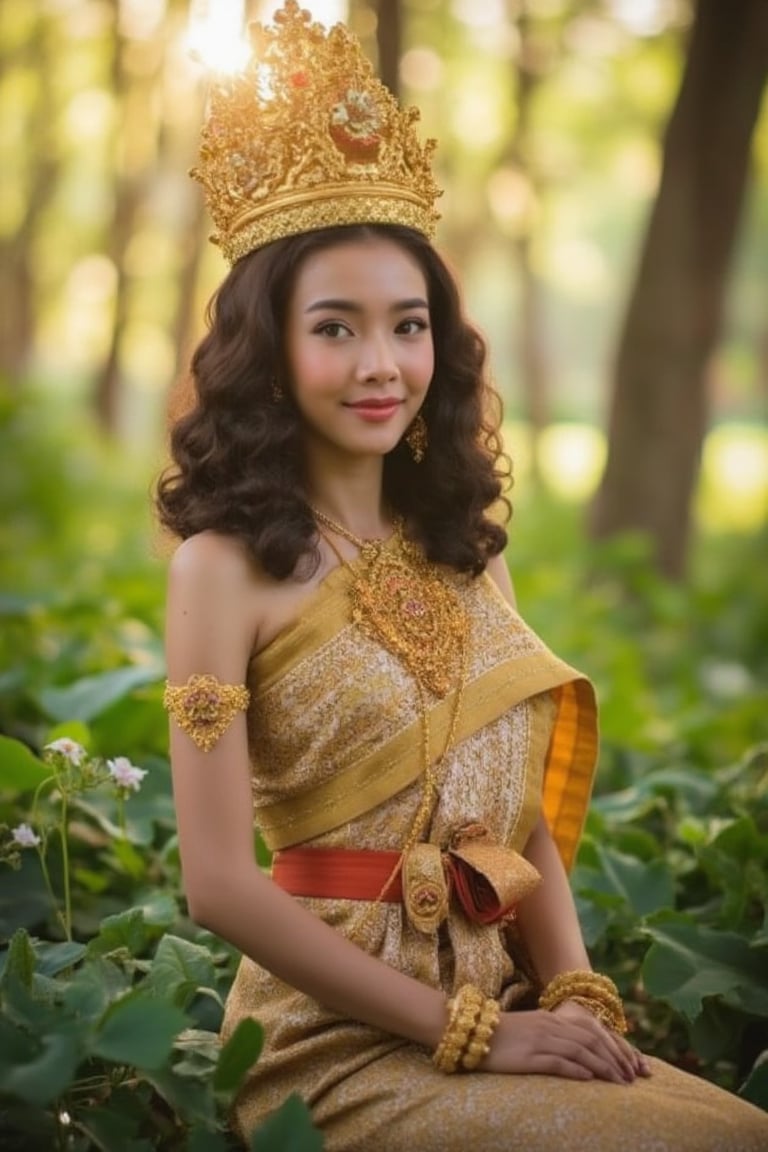 A serene and captivating portrait of a Thai girl. The subject sits elegantly amidst a lush forest, adorned in a golden traditional Thai dress, her curly brown locks framing her radiant face. Her smile, though closed-mouthed, still conveys warmth as subtle dimples appear on her cheeks. Delicate flowers adorn her hair, adding a touch of whimsy to the composition. The warm sunlight filters through the trees, casting gentle rays that illuminate her features and the intricate details of her dress.