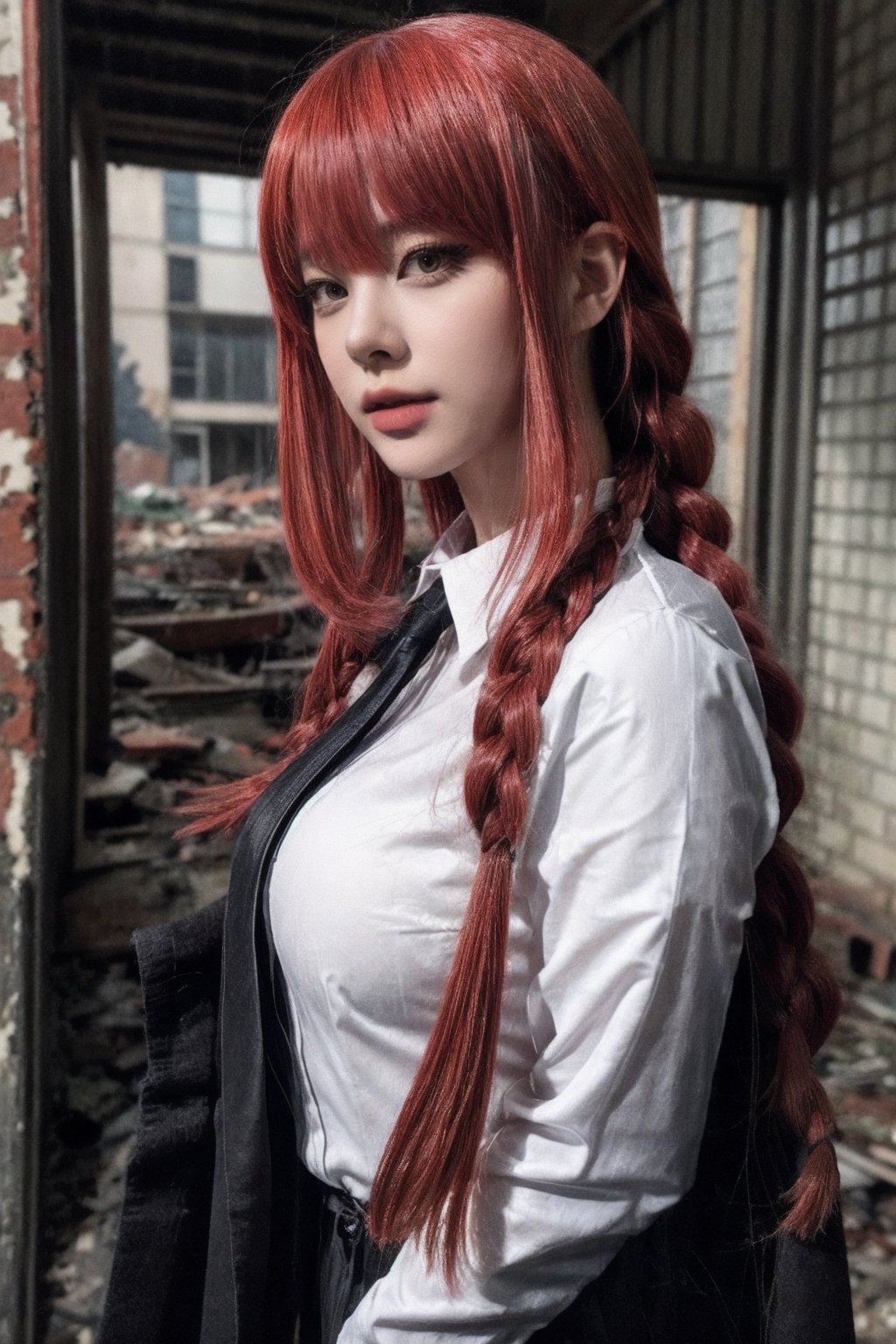 Create a realistic portrait, photography ,woman, long red hair, bangs one braid in the back, wearing a large, long black suit, woman on the outside wearing a long-sleeved white shirt on the inside, black tie, black pants. long,,,In an abandoned school, buildings destroyed,, blur background , nsfw,