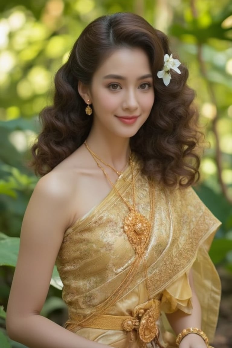 A serene and captivating portrait of a Thai girl. The subject sits elegantly amidst a lush forest, adorned in a golden traditional Thai dress, her curly brown locks framing her radiant face. Her smile, though closed-mouthed, still conveys warmth as subtle dimples appear on her cheeks. Delicate flowers adorn her hair, adding a touch of whimsy to the composition. The warm sunlight filters through the trees, casting gentle rays that illuminate her features and the intricate details of her dress.