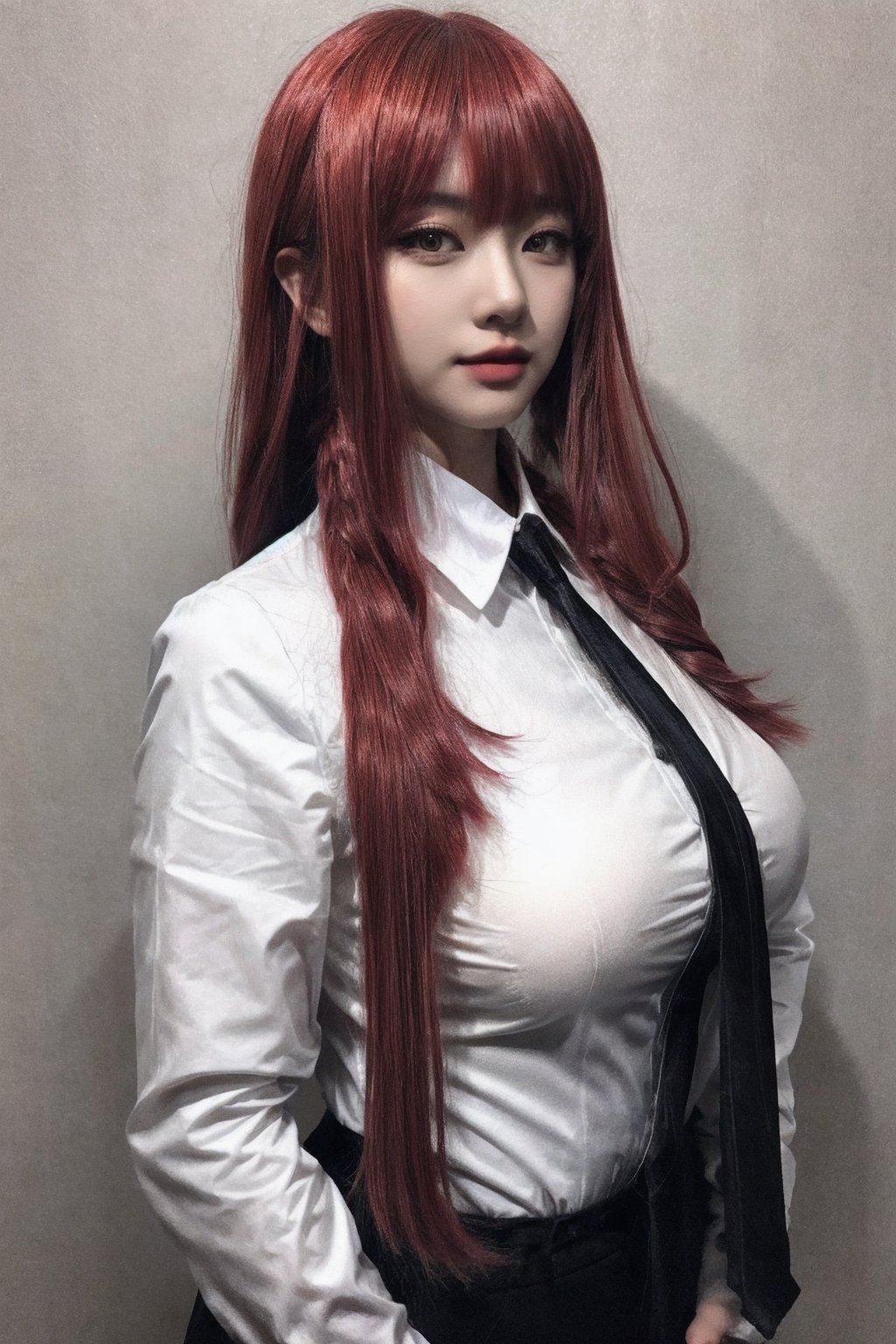 Create a realistic portrait, Asian woman, long red hair, bangs one braided in the back, wearing a large, long black suit, woman on the outside wearing a long-sleeved white shirt on the inside, black tie, black pants. long,