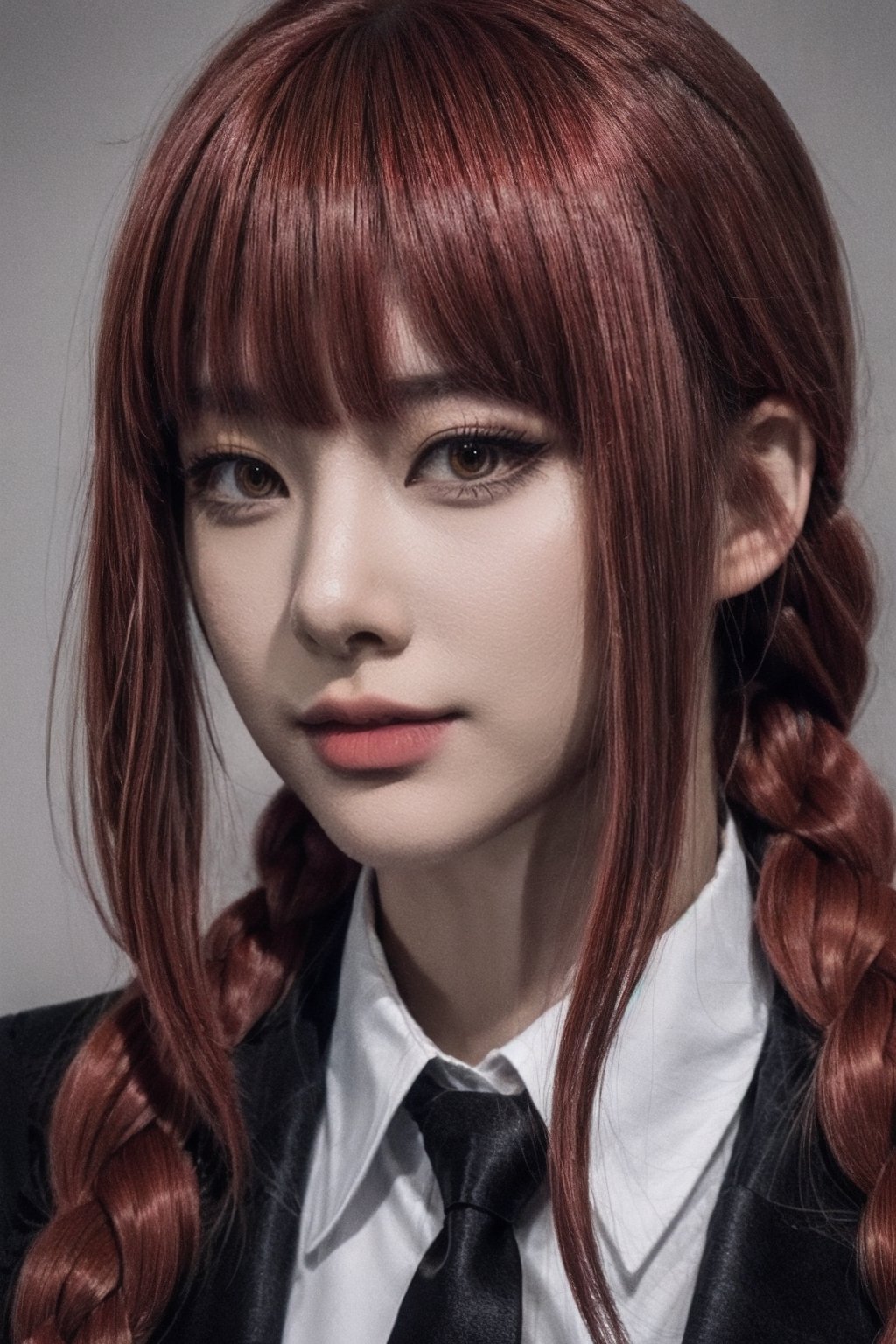 Create a realistic portrait, Asian woman, long red hair, bangs one braided in the back, wearing a large, long black suit, woman on the outside wearing a long-sleeved white shirt on the inside, black tie, black pants. long,