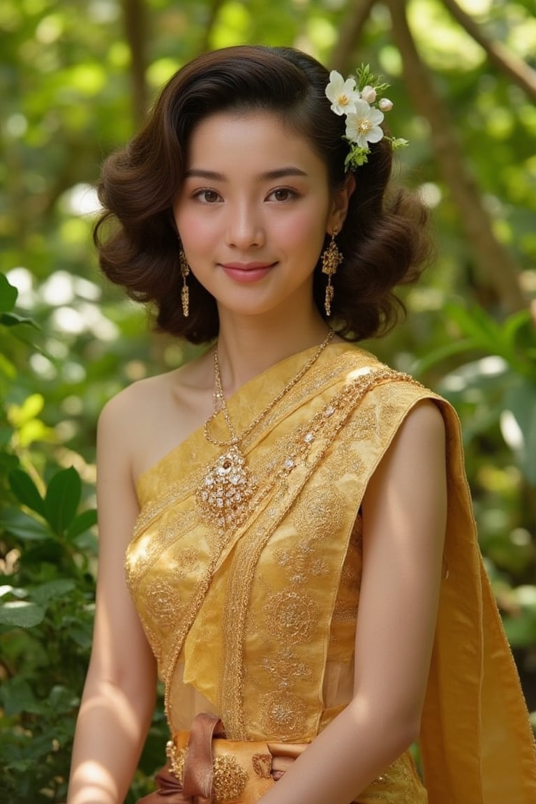 A serene and captivating portrait of a Thai girl. The subject sits elegantly amidst a lush forest, adorned in a golden traditional Thai dress, her curly brown locks framing her radiant face. Her smile, though closed-mouthed, still conveys warmth as subtle dimples appear on her cheeks. Delicate flowers adorn her hair, adding a touch of whimsy to the composition. The warm sunlight filters through the trees, casting gentle rays that illuminate her features and the intricate details of her dress.