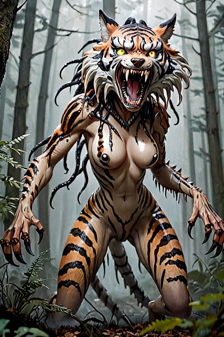 A women an tiger wolf hybrid like six legged alien predator creature, tentacles, lots of eyes, fearsome, long sharp teeth, after you in the forest, fog,Tiger ,p3rfect boobs