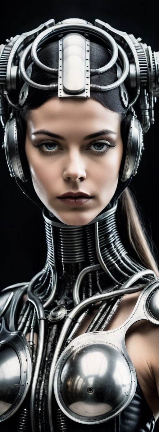 Portrait photo of a beautiful female cyborg from 1920 early photography by Giger in style of midjourney