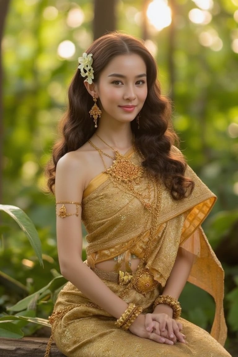 A serene and captivating portrait of a Thai girl. The subject sits elegantly amidst a lush forest, adorned in a golden traditional Thai dress, her curly brown locks framing her radiant face. Her smile, though closed-mouthed, still conveys warmth as subtle dimples appear on her cheeks. Delicate flowers adorn her hair, adding a touch of whimsy to the composition. The warm sunlight filters through the trees, casting gentle rays that illuminate her features and the intricate details of her dress.