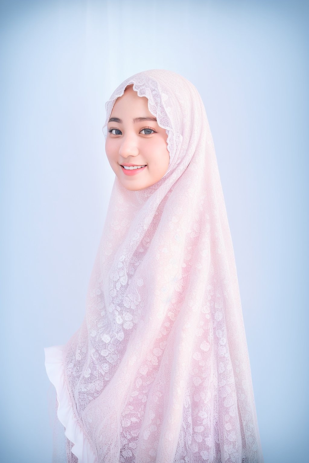 (mukena), 1 girl, 25 year, smile, using a PRAYER HIJAB frilly, white background, real_life, from_behind_view