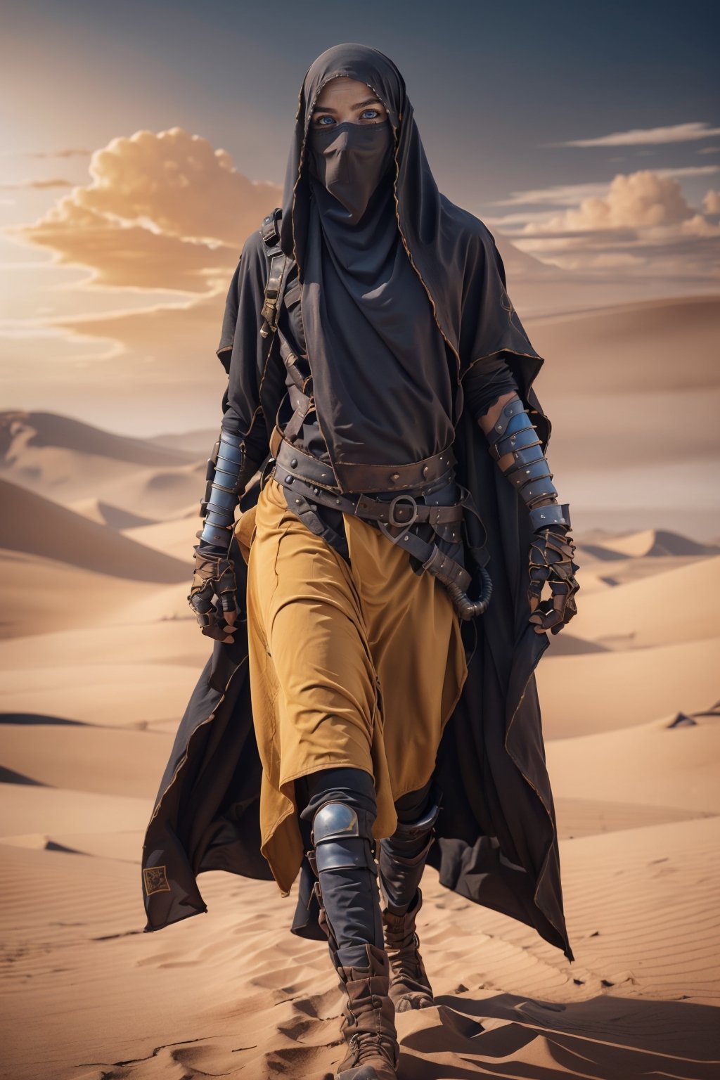 girl in warrior armor covered with veil hijab and cloak walking in vast desert yellow sky, she has (glowing blue eyes:1.2)