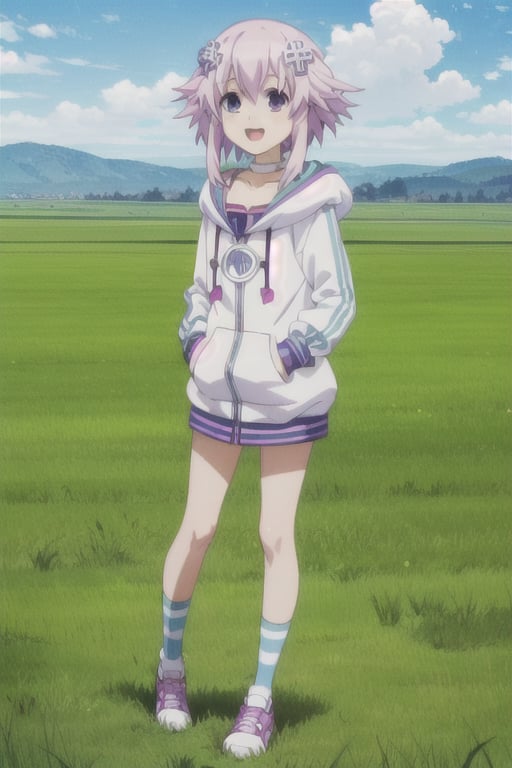 solo, 1girl, looking at viewer, 2D, anime, anime coloring,(green grass field with blue sky),neptune, choker, hoodie, smile, :d,(full body,longshot),legs,shoes,standing,blue and white stripes sock