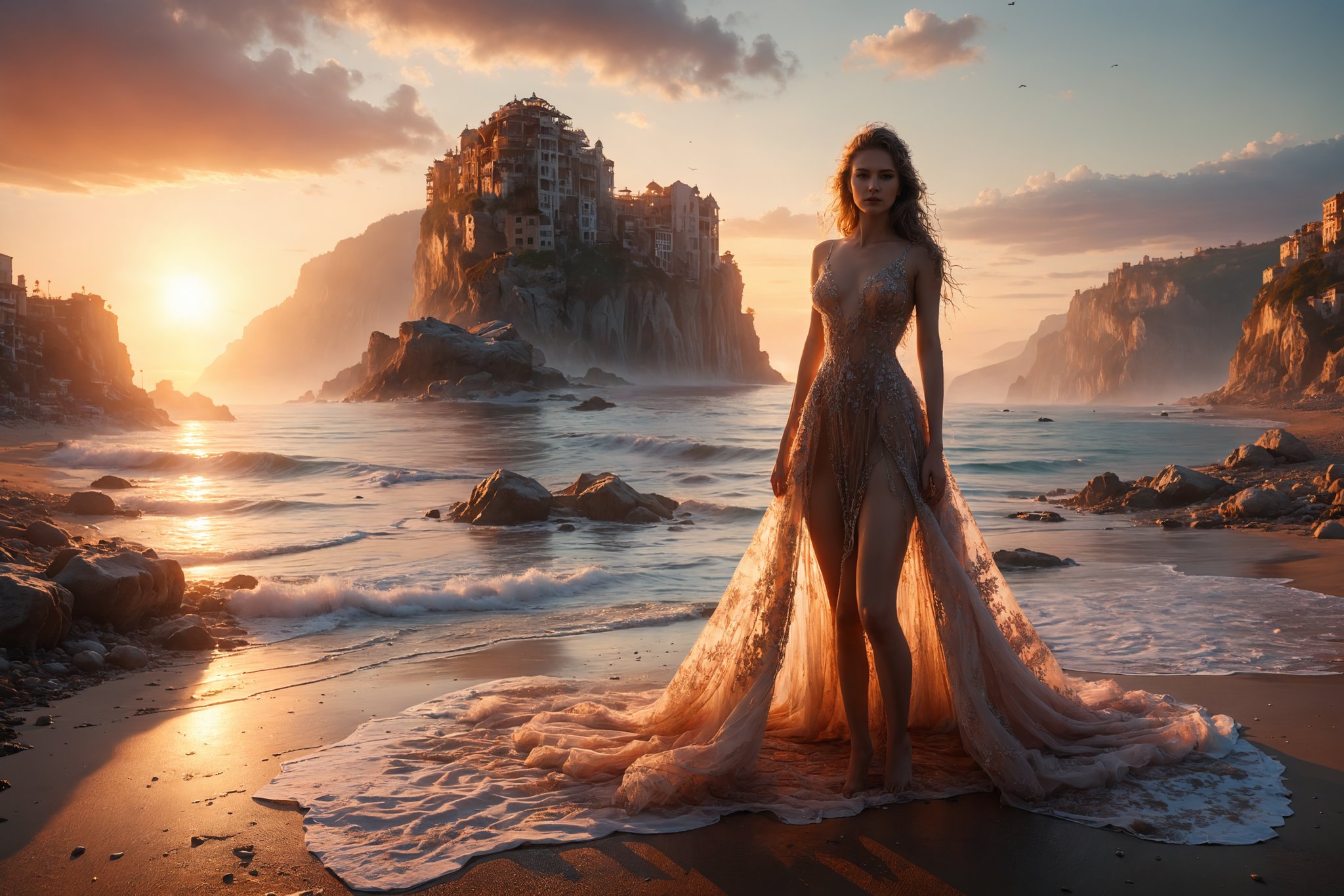 A young woman on a beach, in the background a spectacular sunset, a transparent dress, nude, {at her side a white horse}, ((realistic portrayal)).,, more detail XL,Extremely Realistic