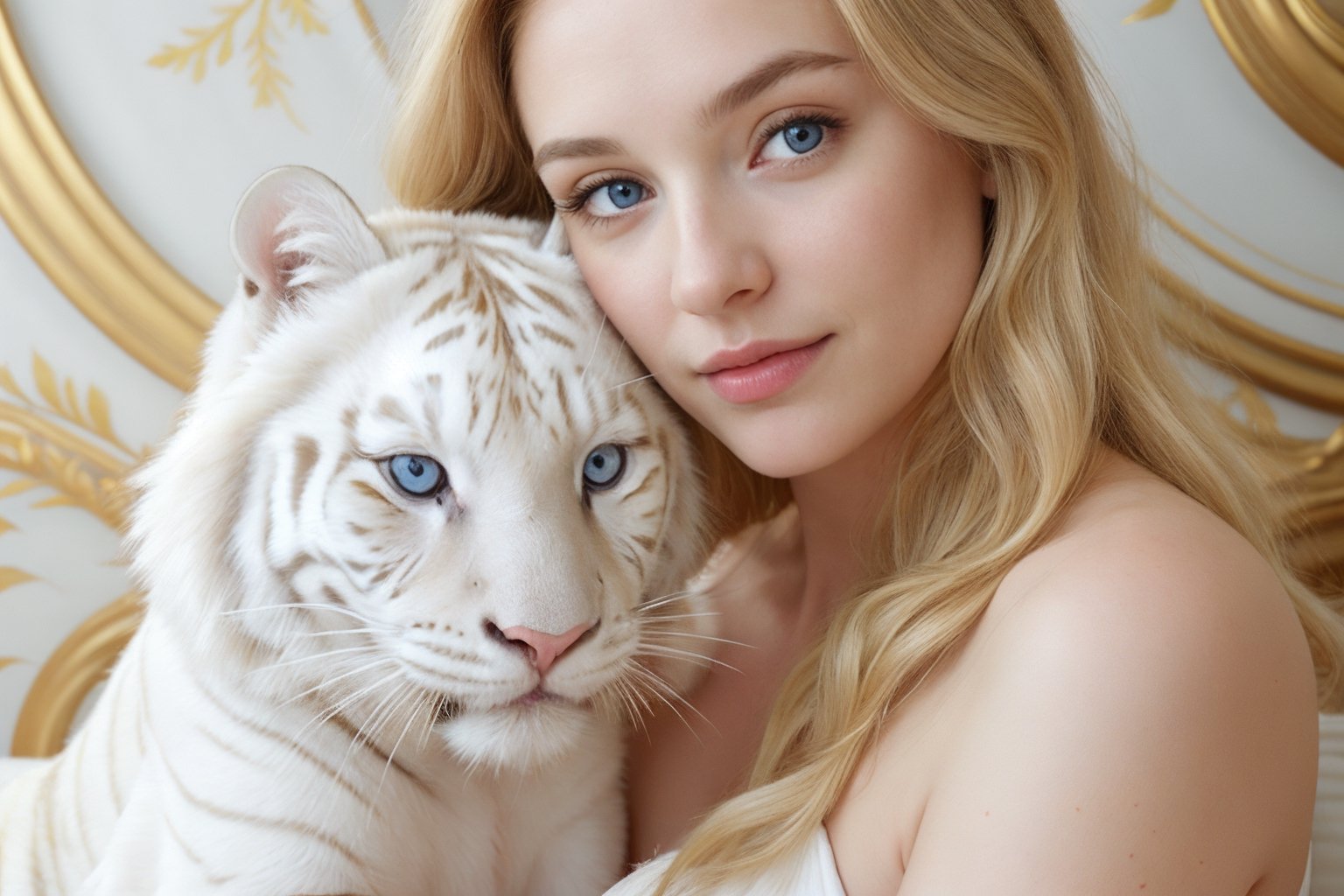 Realistic photograph of a young princess woman sitting on a white marble throne, very blonde almost white hair, very light blue eyes, very light skin, at her side a white tiger and in her lap a white tiger cub, white background wall with white columns and curtains, many white flowers, white, cute face, smirk, abs, long hair, Mesmerizing, depth of field, ( gorgeous:1.2), detailed face,  detailed nose,  soothing tones,  (natural skin texture, hyperrealism, soft light, sharp), ((very detailed eyes)), pores in the skin, (acne:0.3),  Cannon EOS 5D Mark III, 85mm, Perfect Hands, p3rfect boobs, cleavage, more detail XL, SKP Perfect Eyes XL,AlissaWhiteGluzQuiron woman,photorealistic,Masterpiece
