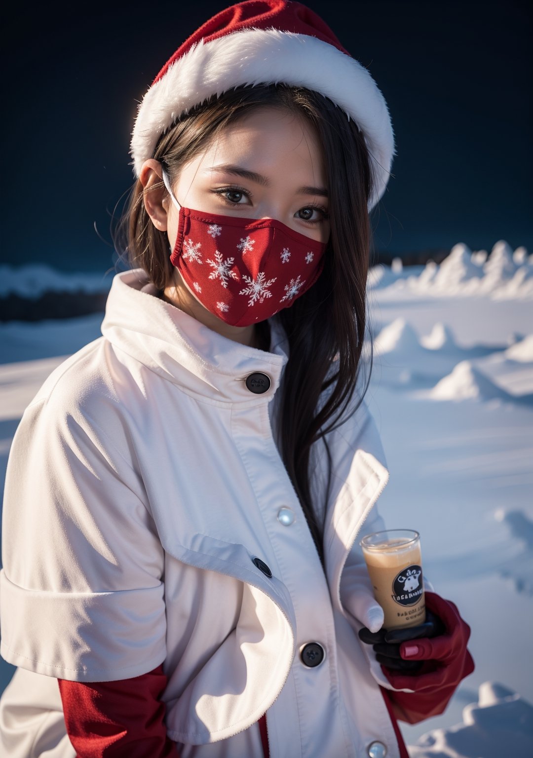 18 years old girl, wearing black_mask, Snowflake Siren Ensemble,
Arctic Aura Attire, Christmas background