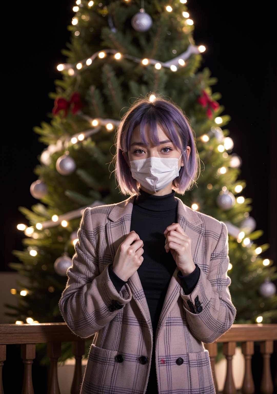 1 girl, lavender_hair, Short hair style, wearing mask, Aurora Borealis Blazer,
Nordic Nectar Neutrals, christmas_clothes, christmas tree background