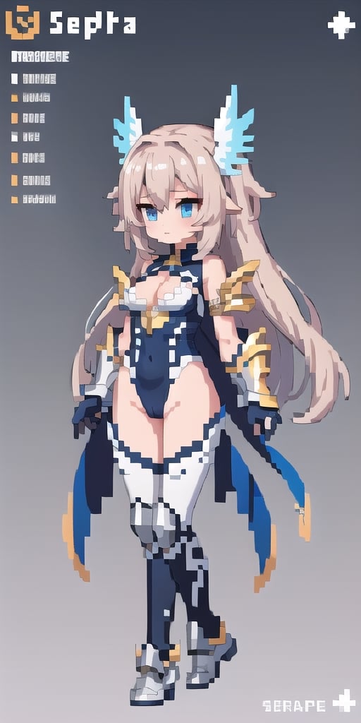 masterpiece,best_quality,(Seraph),,cleavage cutout,1girl,(long_hair),paladin,loli,white valkyrie,light-blue long hair,bare shoulder,leotard scale-armor,game character design reference card