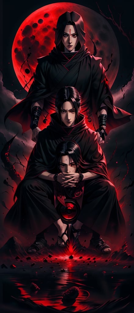 Itachi uchiha, Akatsuki, Mangekyo Sharingan, Akatsuki Cloak, black and red background, warm moon, night, 