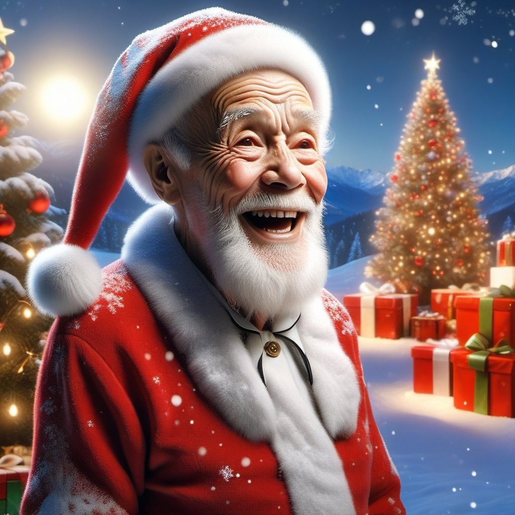 Photo of Christmas celebration, perfect shading, perfect shadow, realistic, 3pic, 90yo old man, Christmas, Santa Claus, Christmas hat, Christmas tree, mountain view, snow, 32k ultra realistic, enhanced, perfect lighting, wallpaper, more detail,ral-chrcrts