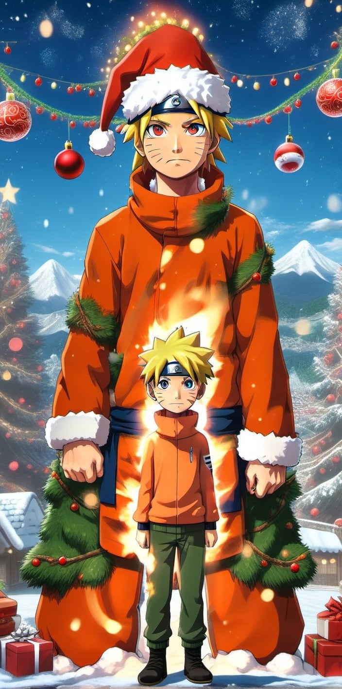 Photo of Christmas celebration, perfect shading, perfect shadow, realistic, epic, 12yo old happy boy, Christmas, Naruto uzumaki with nine tailed fox, Naruto Uzumaki 146 cm height, Naruto Uzumaki 12yo old boy blue eyes and realistic ordinary man, happy, smile, Naruto uzumaki is a fictional character and one of the main protagonists in the Naruto manga and anime series created by Masashi Kishimoto, Christmas hat, Christmas tree, mountain view, snow, 32k ultra realistic, enhanced, perfect lighting, wallpaper, more detail,