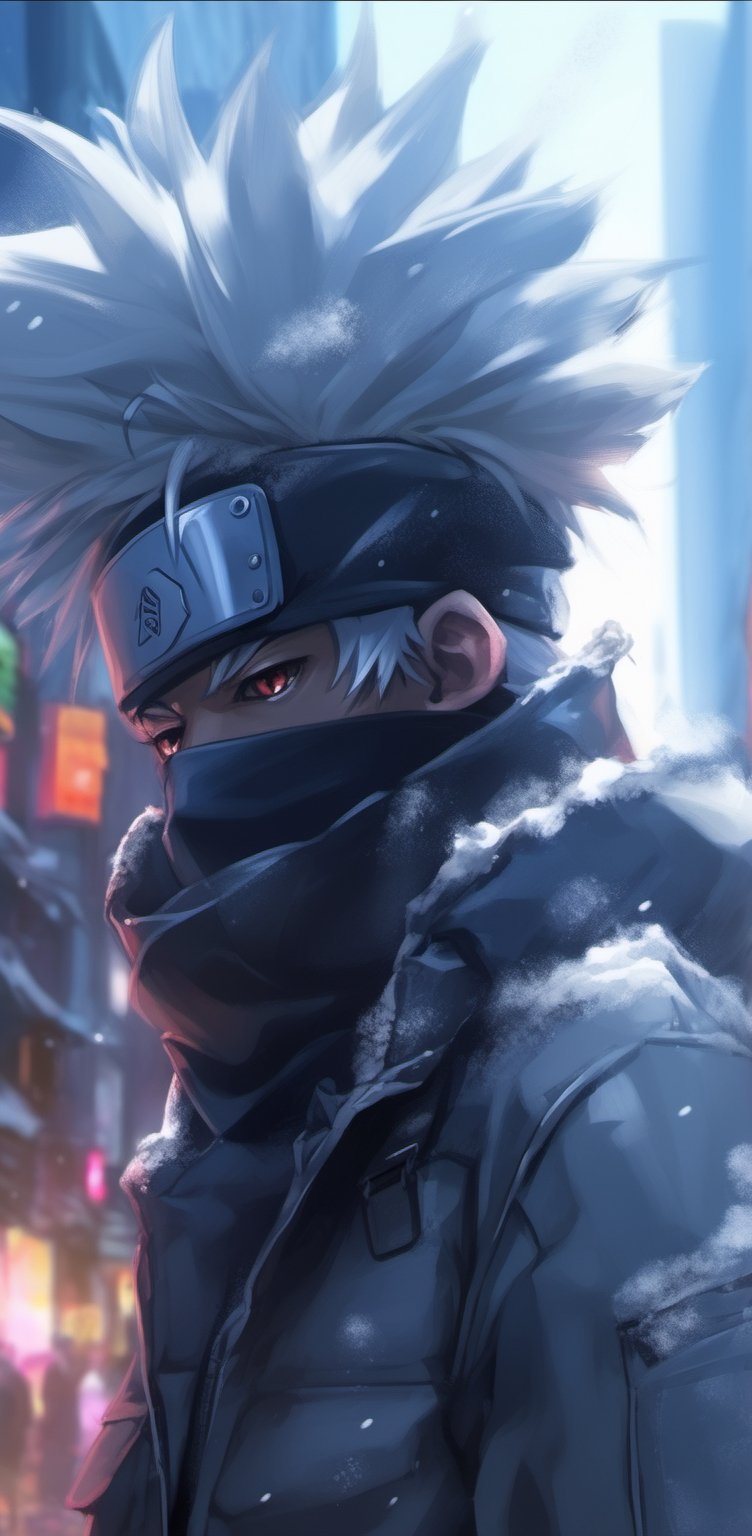 Kakashi hatake, white hair, 28yo old japanese boy, japan, konoha, black headband, anime, red eyes, right Side eye closed, left side eye open, snow, sky, black mask, black full sleeve t-shirt with grey jacket, black with grey paint, black with grey sneakers shoes, hands inside of the pants pocket, black cargo pants, open jacket, 32k ultra hd,