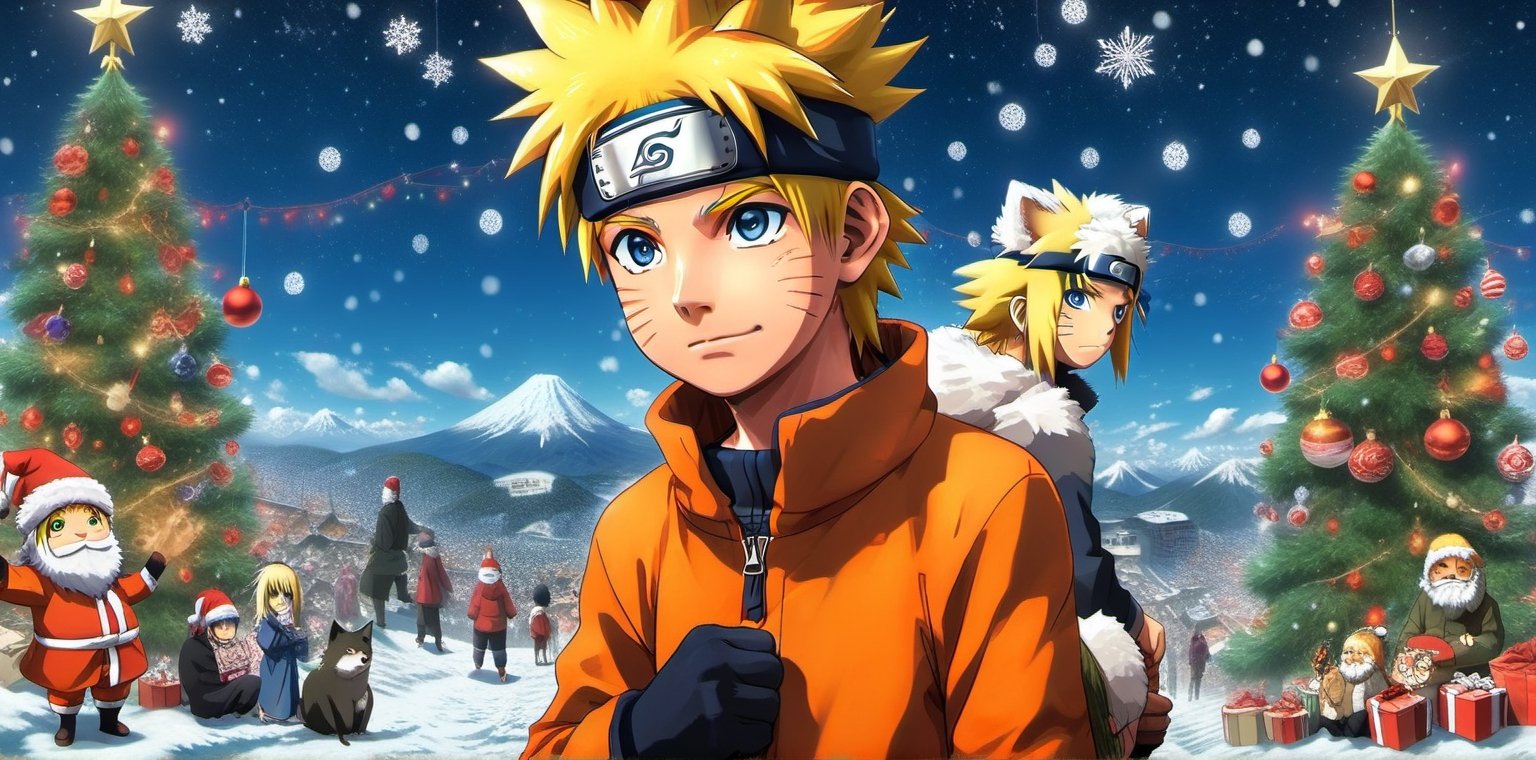 Photo of Christmas celebration, perfect shading, perfect shadow, realistic, epic, 12yo old happy boy, Christmas, Naruto uzumaki with nine tailed fox, Naruto Uzumaki 146 cm height, Naruto Uzumaki 12yo old boy blue eyes and realistic ordinary man, happy, smile, Naruto uzumaki is a fictional character and one of the main protagonists in the Naruto manga and anime series created by Masashi Kishimoto, Christmas hat, Christmas tree, mountain view, snow, 32k ultra realistic, enhanced, perfect lighting, wallpaper, more detail,