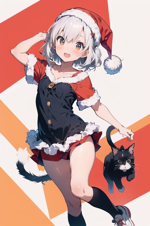 lustration of cute girl, (anime style), (flat:1.5), BREAK, 1girl, solo, (santa claus clothes),white hair, bangs bangs, full body, Looking viewer, (with cat:1.2),