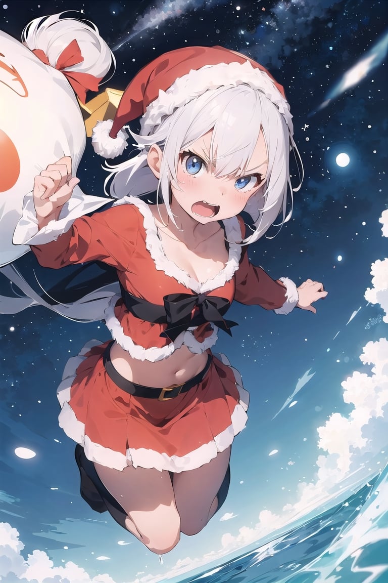 lustration of cute girl, (anime style), (flat:1.5), BREAK, 1girl, solo, (santa claus clothes),white hair, bangs bangs, full body, Looking viewer, (angry:1.5),