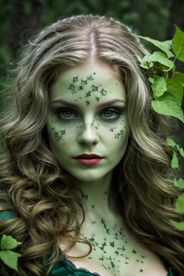 Photorealistic shot of a realistic sensual stunning elegant female, (((33 year old))) european, long silver hair, dark green eyes, ((wearing a dark green costume as Poison Ivy)) - release: 19211380 - ((to cover a fashion magazine)). The (((skin texture is extremely detailed))), ((((showing pores)))), ((slight imperfections)), and natural color variations. The skin is slightly flushed in areas like the cheeks and nose, with subtle veins visible beneath the surface. The lighting is soft and natural, highlighting the smoothness of the skin and creating gentle reflections on areas like the forehead and cheeks. Fine wrinkles and expression lines are visible around the eyes and mouth, giving an authentic and realistic appearance. The skin surface shows a slight natural sheen, with micro-textures like fine vellus hair and small irregularities that add depth and realism. Double exposure, complex art by Alex Stoddar, complex art by Natalia Drepina, complex art by Brooke Shaden. Surreal on a cracked paper, (extremely dynamic), unusual, vintage. 4K. vignette, highly detailed, high budget, bokeh, cinemascope, moody, epic, gorgeous, film grain, grainy, high quality photography, (3 point lighting), flash with softbox, 4k, Canon EOS R3, hdr, smooth, sharp focus, high resolution, award winning action photo, jumping photo, 50mm, wide angle shot, looking_away from the camera, full_length, f2.8, bokeh