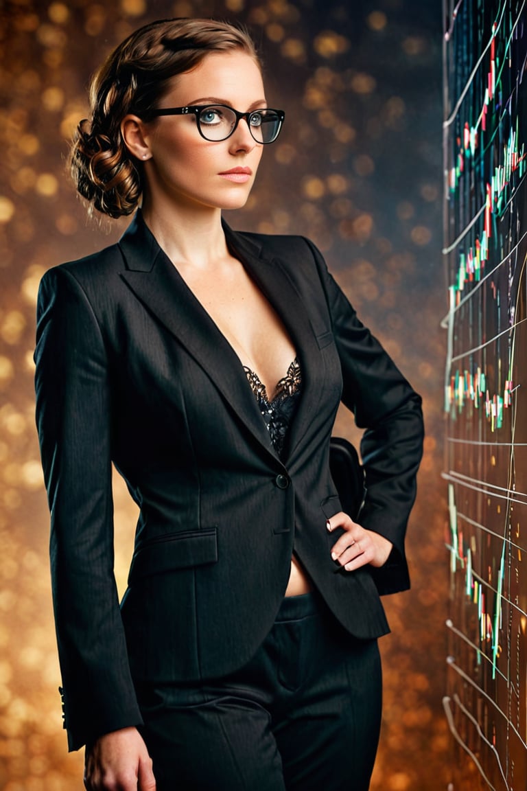 Photorealistic back side shot of a realistic stunning elegant 38 year old woman european in black suit (((looking to the left)), ((((financial charts in the background))), brown eyes with square glasses, release: 19512211 for unusual Linkedin profile photo. Double exposure, complex art by Alex Stoddar, complex art by Natalia Drepina, complex art by Brooke Shaden. Surreal on a cracked paper, extremely dynamic, unusual, vintage. 4K. vignette, highly detailed, high budget, bokeh, cinemascope, moody, epic, gorgeous, film grain, grainy, high quality photography, 3 point lighting, flash with softbox, 4k, Canon EOS R3, hdr, smooth, sharp focus, high resolution, award winning action photo, jumping photo, 50mm, wide angle shot, looking_away from the camera, full_length, f2.8, bokeh, side_view.